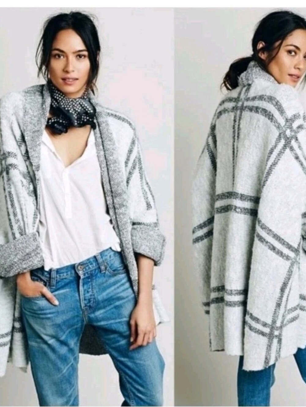 Free People Cozy Chunky Plaid WindowpaneOpen-Front Cardigan Sweater - Gray/White